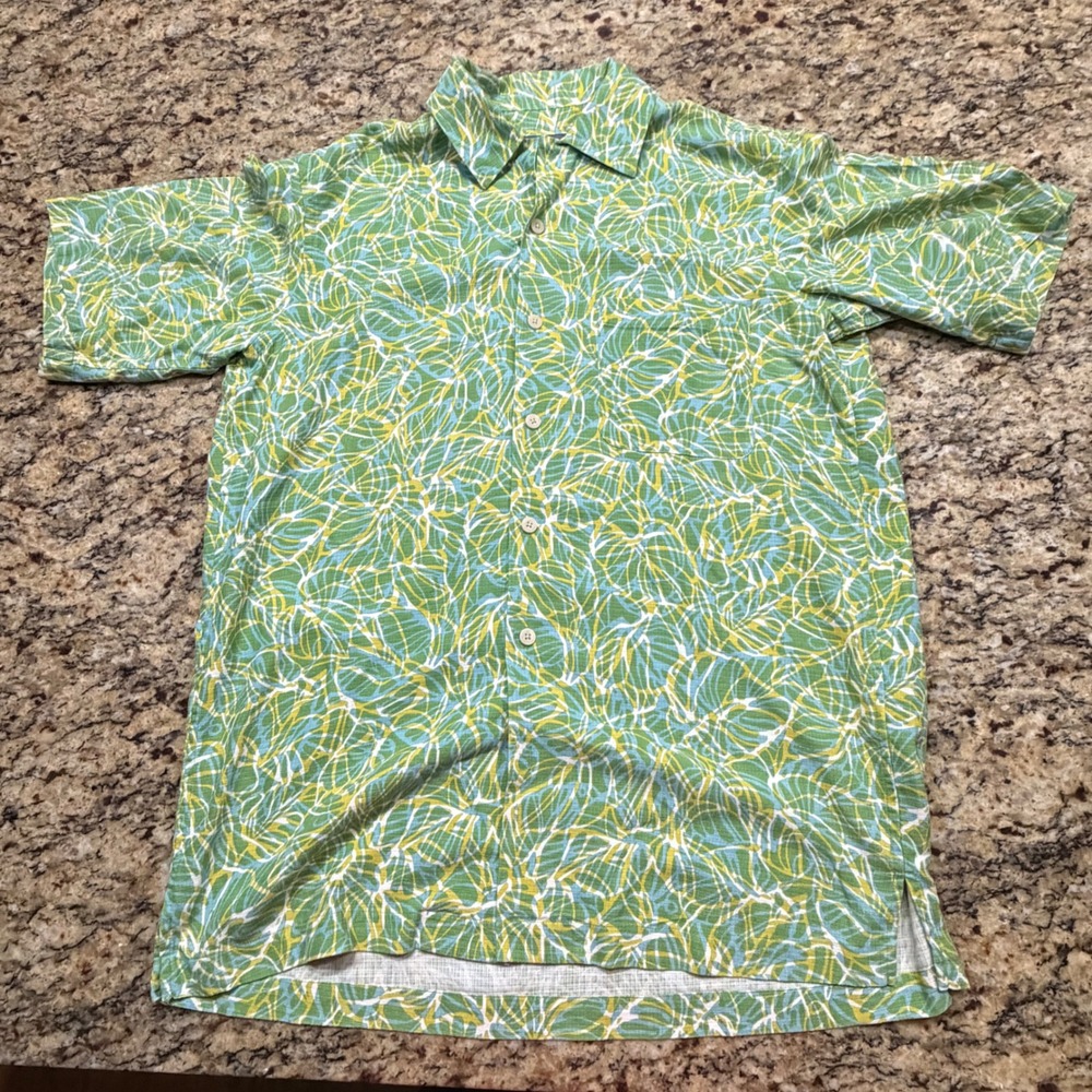 Talbots Men Silk Cotton Blend Tropical Leaf Print Button Down Shirt Green Blue S